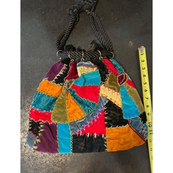 Colorful Patchwork Drawstring Bohemian Velvet Bucket Bag - Picture 6 of 6